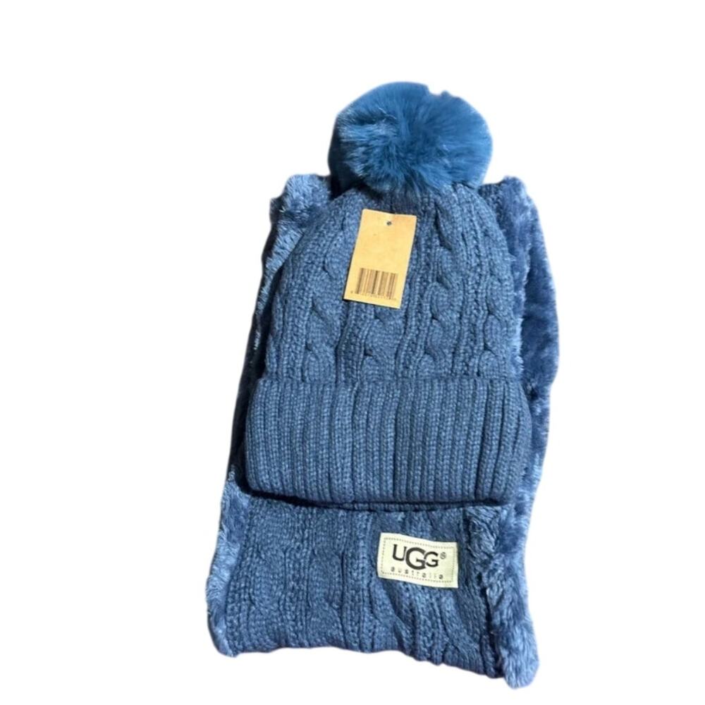UGG Blue Knit Beanie Hat & Scarf Set Faux Fur Pom